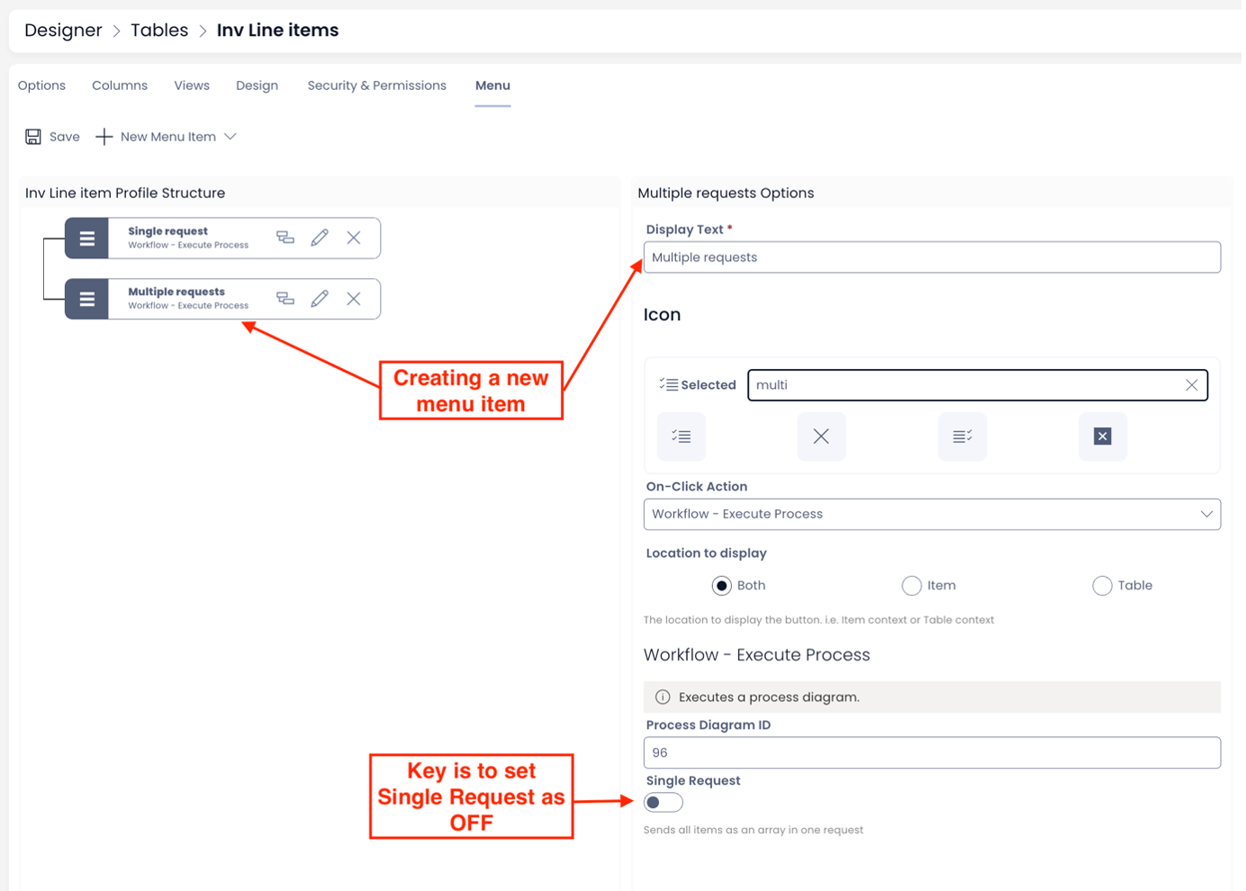 Image showing configuration of menu with Single Request as OFF